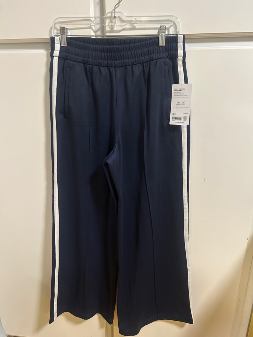 Athleta Navy Wide-Leg Sweatpants with White Side Stripes